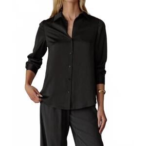 NEW 61 JANE women's satiny button down blouse in black